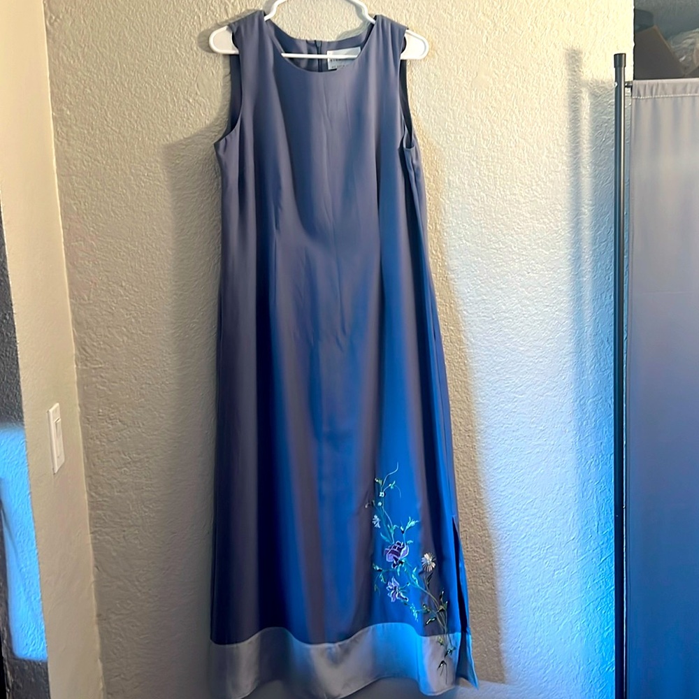 Blue Silk Lore dress with Lavender and periwinkle flower embroidery at slit.
